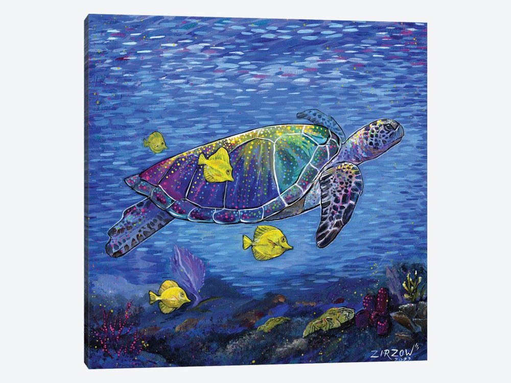 Tropical Drift (Vibrant Sea Turtle And Her Yellow Tang Fish) by Amanda Zirzow 1-piece Canvas Print