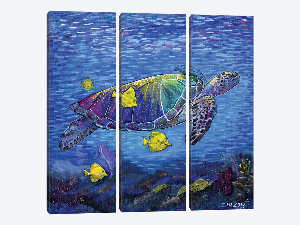 Tropical Drift (Vibrant Sea Turtle And Her Yellow Tang Fish) by Amanda Zirzow 3-piece Canvas Art Print