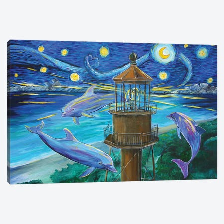 Dolphins Drawn To The Sanibel Light Canvas Print #AZW31} by Amanda Zirzow Canvas Artwork