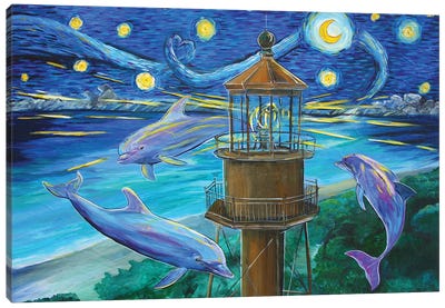 Dolphins Drawn To The Sanibel Light Canvas Art Print - Amanda Zirzow