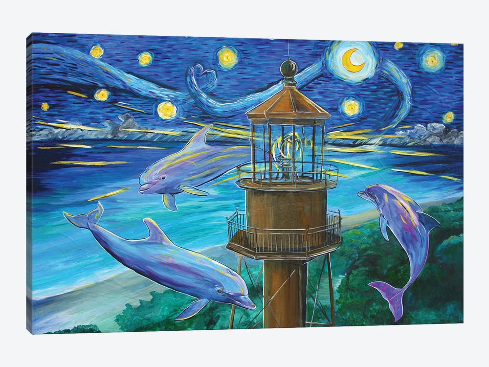 Dolphins Drawn To The Sanibel Light by Amanda Zirzow 1-piece Canvas Art Print