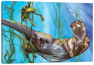 The Sea Otter And The Kelp Crab Canvas Art Print - Otter Art