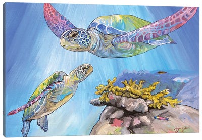 The Young Sea Turtle And Her Mother Canvas Art Print - Turtle Art