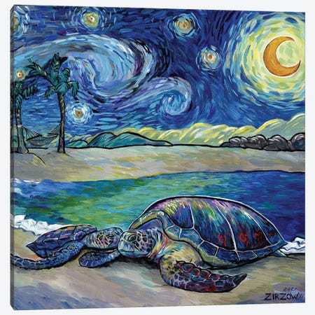 Sea Turtles In The Starry Night Canvas Print #AZW9} by Amanda Zirzow Canvas Wall Art