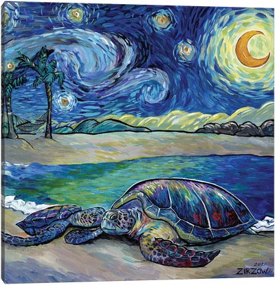 Sea Turtles In The Starry Night Canvas Art Print - Starry Night Collection
