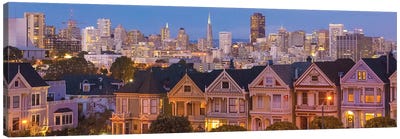 San Francisco, California, Victorian homes and city at dusk Canvas Art Print - San Francisco Skylines