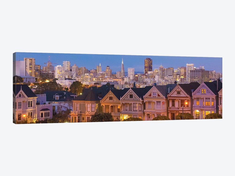San Francisco, California, Victorian homes and city at dusk by Bill Bachmann 1-piece Art Print