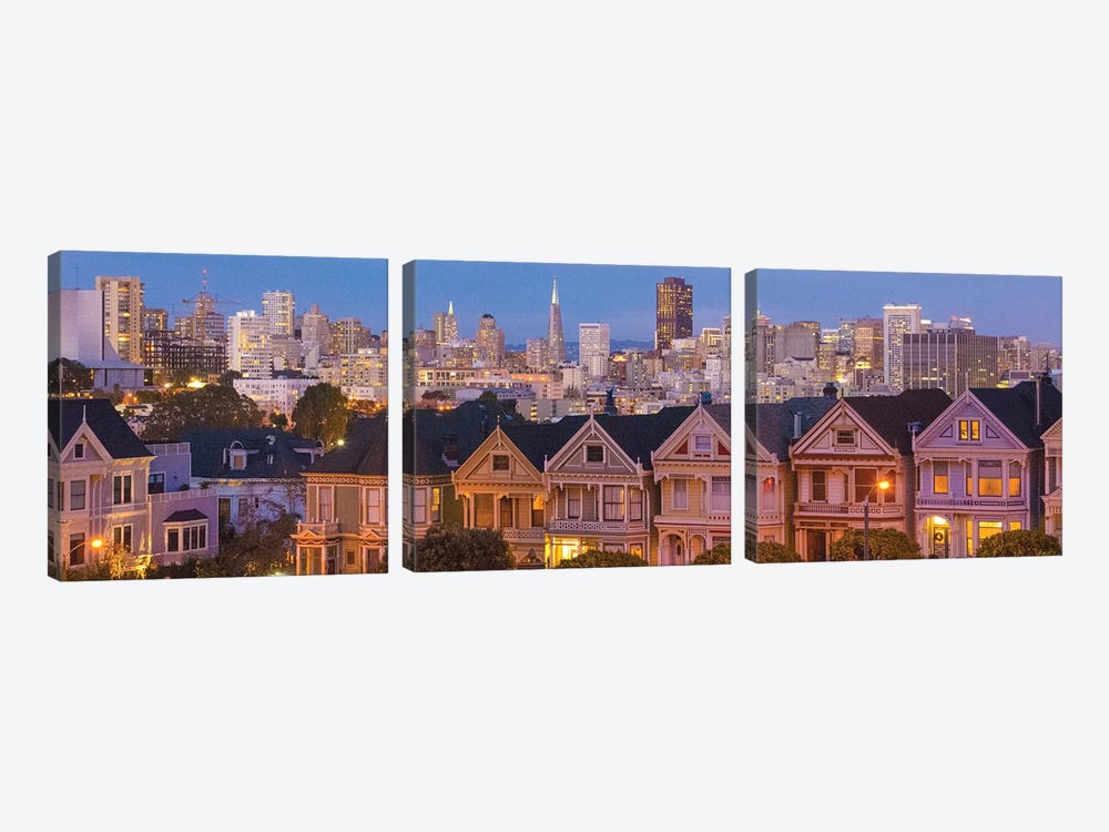 San Francisco, California, Victorian homes and city at dusk by Bill Bachmann 3-piece Canvas Art Print