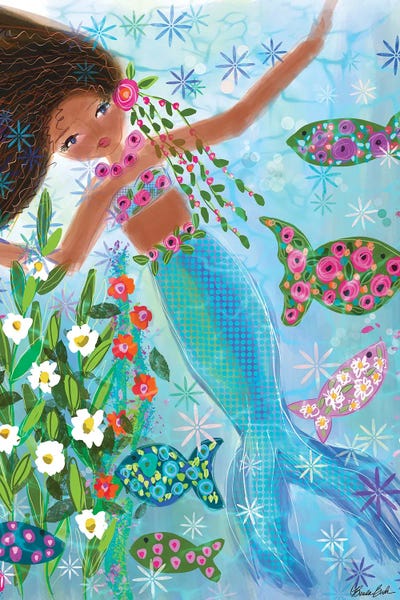 Kids Ocean Life Art: Floral Mermaid Garden Myra by Brenda Bush