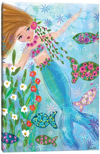 Floral Garden Mermaid Daisy Canvas Art Print - Kids Ocean Life Art