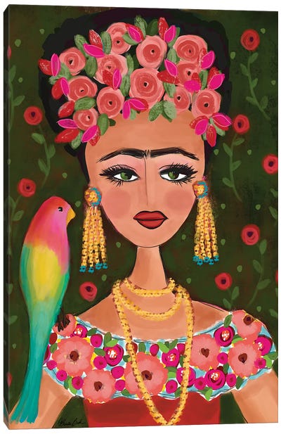 Frida With Her Bird Canvas Art Print - Frida Kahlo