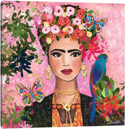 Frida In Her Garden Canvas Art Print - Parrot Art