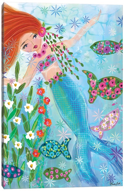 Floral Garden Mermaid Ruby Canvas Art Print - Brenda Bush
