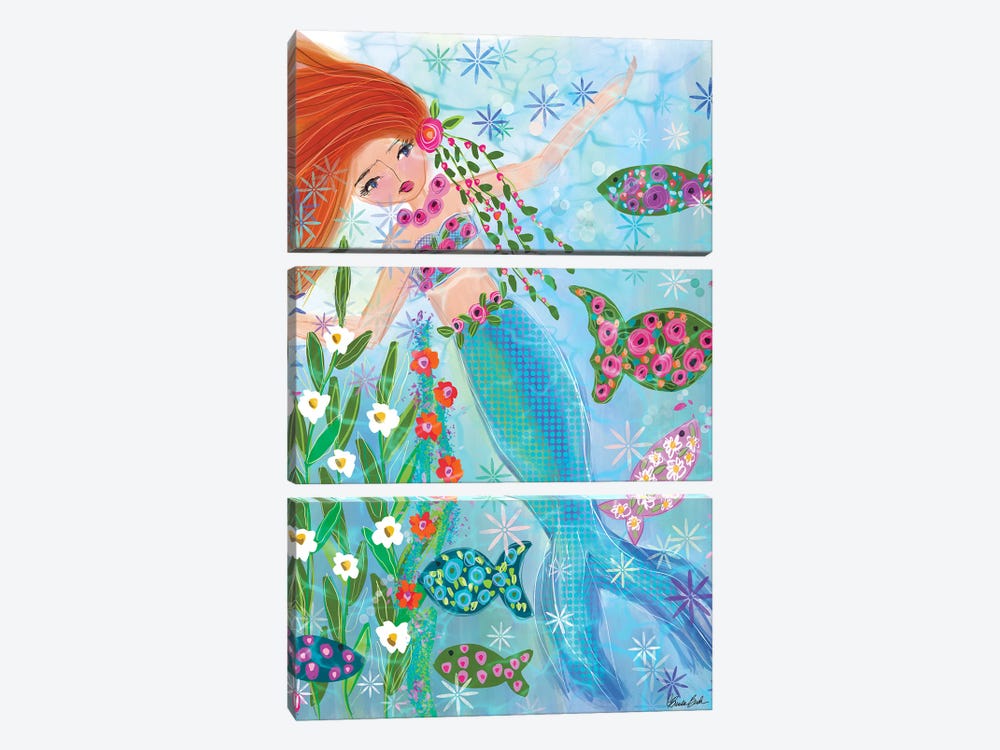 Floral Garden Mermaid Ruby by Brenda Bush 3-piece Art Print