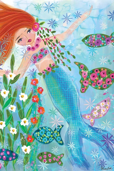 Kids Ocean Life Art: Floral Garden Mermaid Ruby by Brenda Bush