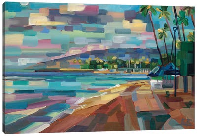 Morning Moon Over Waikiki Canvas Art Print - Tropical Beach Art