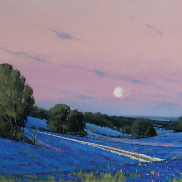 Bluebonnets: Hill Country Moonrise Blue Bonnets by Ben Bauer