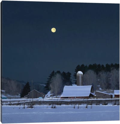 Moonset 7 Minutes To Sun Up Canvas Art Print - Rustic Winter