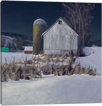 A Driftless Barn Yard At Midnight Canvas Art Print - Ben Bauer