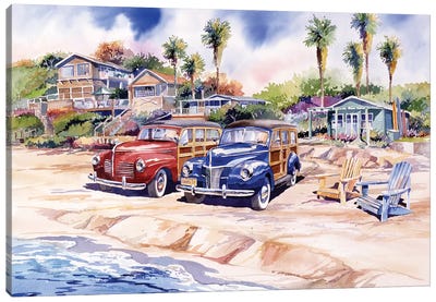Two Woodies At Crystal Cove Canvas Art Print - Bill Drysdale
