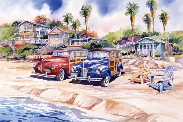 Large Coastal Art - Canvas Prints: Two Woodies At Crystal Cove by Bill Drysdale