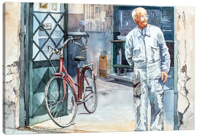 Bicycle Repairman Canvas Art Print - Bill Drysdale