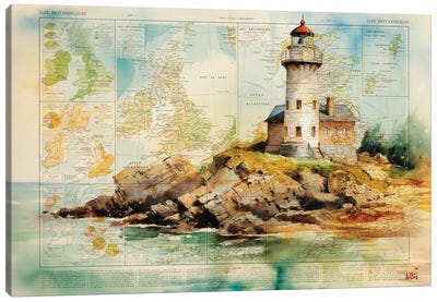 Lighthouse Watercolor Canvas Art Print - Antique Maps