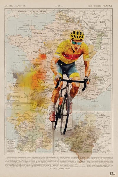 Large Map Art - Canvas Prints: Tour De France Watercolor by ArtBird Studio