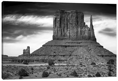 West Mitten Butte And Stagecoach In B&W, Monument Valley, Navajo Nation, USA Canvas Art Print - Arizona Art