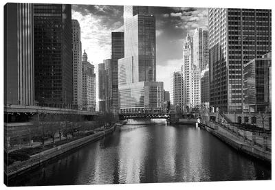 Riverfront Architecture In B&W, Chicago, Illinois, USA Canvas Art Print - Illinois Art