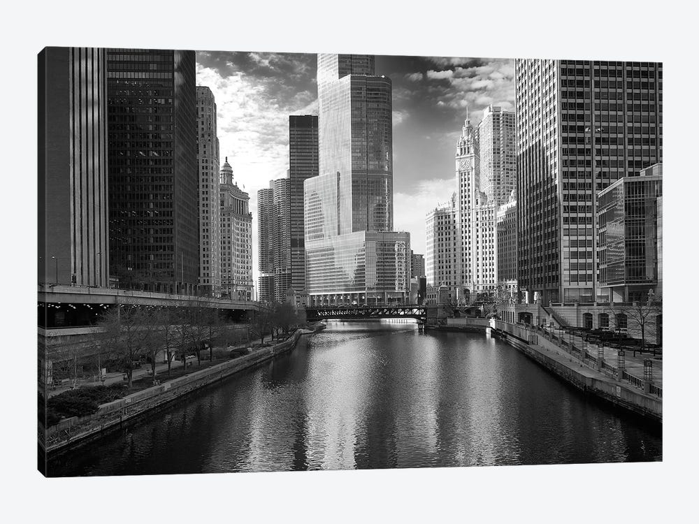 Riverfront Architecture In B&W, Chicago, Illinois, USA by Petr Bednarik 1-piece Canvas Art Print