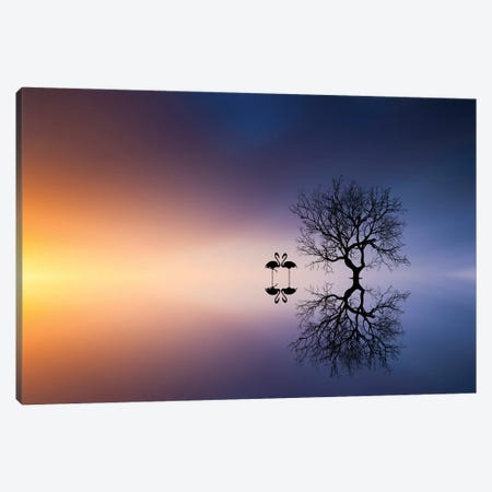 Flamingos In A Lake With A Tree Canvas Print #BEH4} by Bess Hamiti Canvas Wall Art