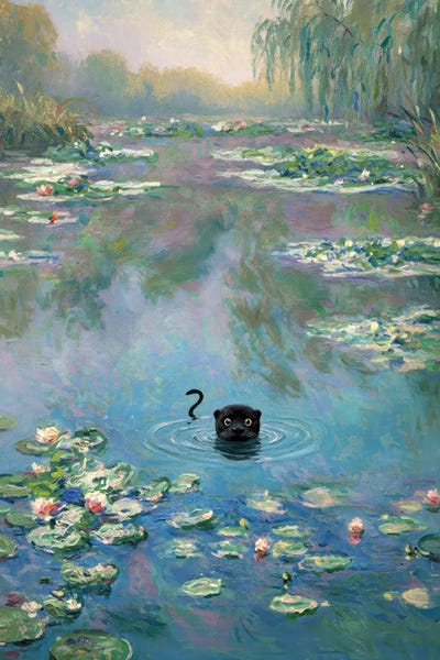 Curious Black Cat Swimming In Lily Pond by Bona Fidesa canvas print