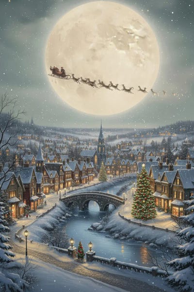 Santa Sleigh Over Snowy Village Full Moon by Bona Fidesa canvas print
