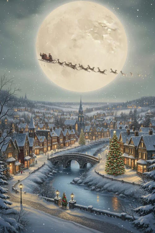 Santa Sleigh Over Snowy Village Full Moon