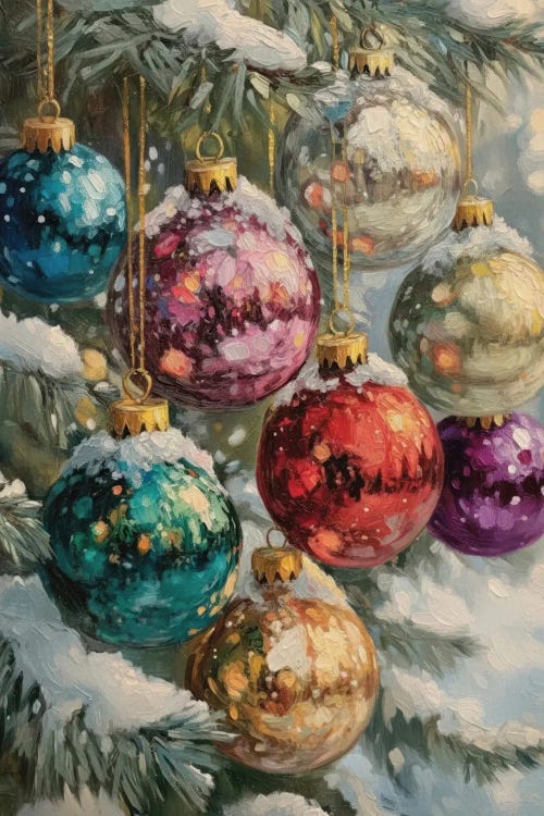 Colorful Christmas Baubles On Snowy Branch
