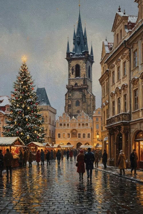 Snowy Prague Christmas Market Cityscape