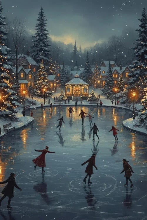 Vintage Snowy Night Ice Skating Rink