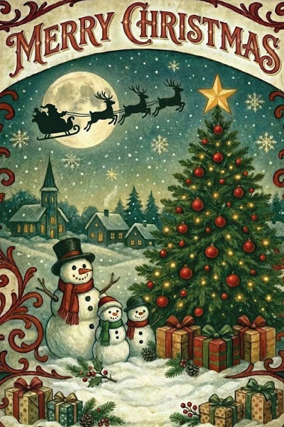 Vintage Merry Christmas Snowman Family by Bona Fidesa canvas print