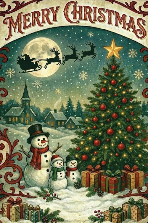 Vintage Merry Christmas Snowman Family