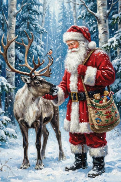 Santa With Reindeer Birch Forest by Bona Fidesa canvas print