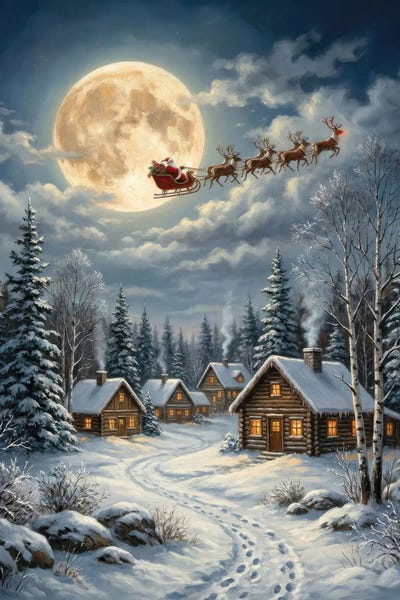 Flying Sleigh Snowy Village Moon by Bona Fidesa canvas print