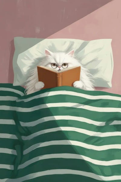 White Persian Cat Reading Book In Bed by Bona Fidesa canvas print