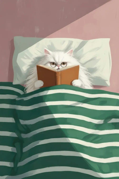 White Persian Cat Reading Book In Bed