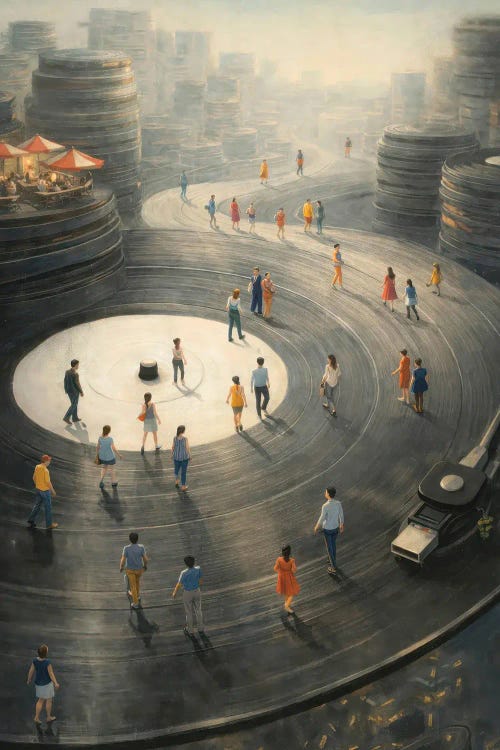 Surreal Vinyl Record Cityscape