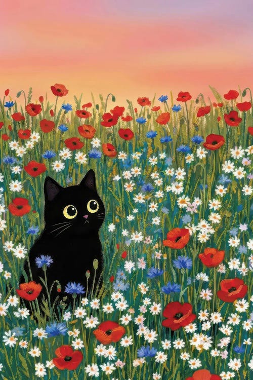 Black Cat In Red Poppy Meadow