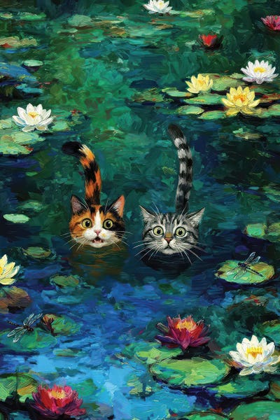 Two Cats Swimming In Lily Pond by Bona Fidesa canvas print