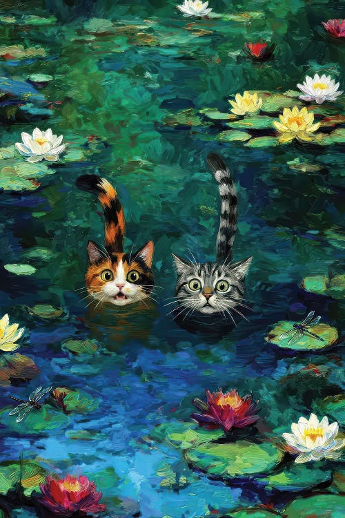 Two Cats Swimming In Lily Pond