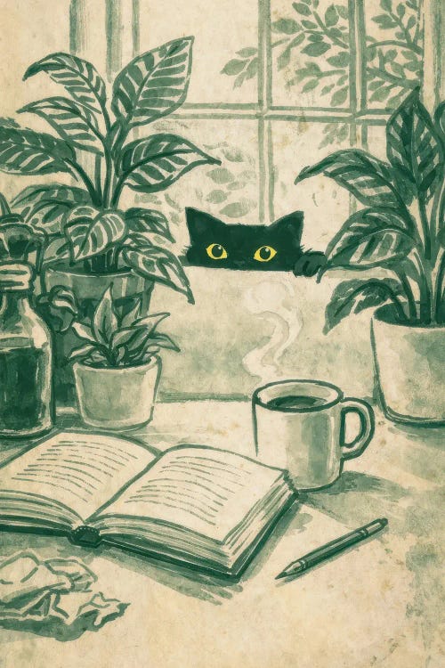 Black Cat Peeking Through Plants