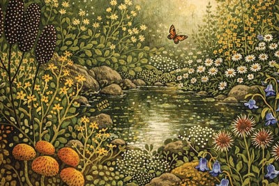 Butterfly Over Pond Folk Scene by Bona Fidesa canvas print